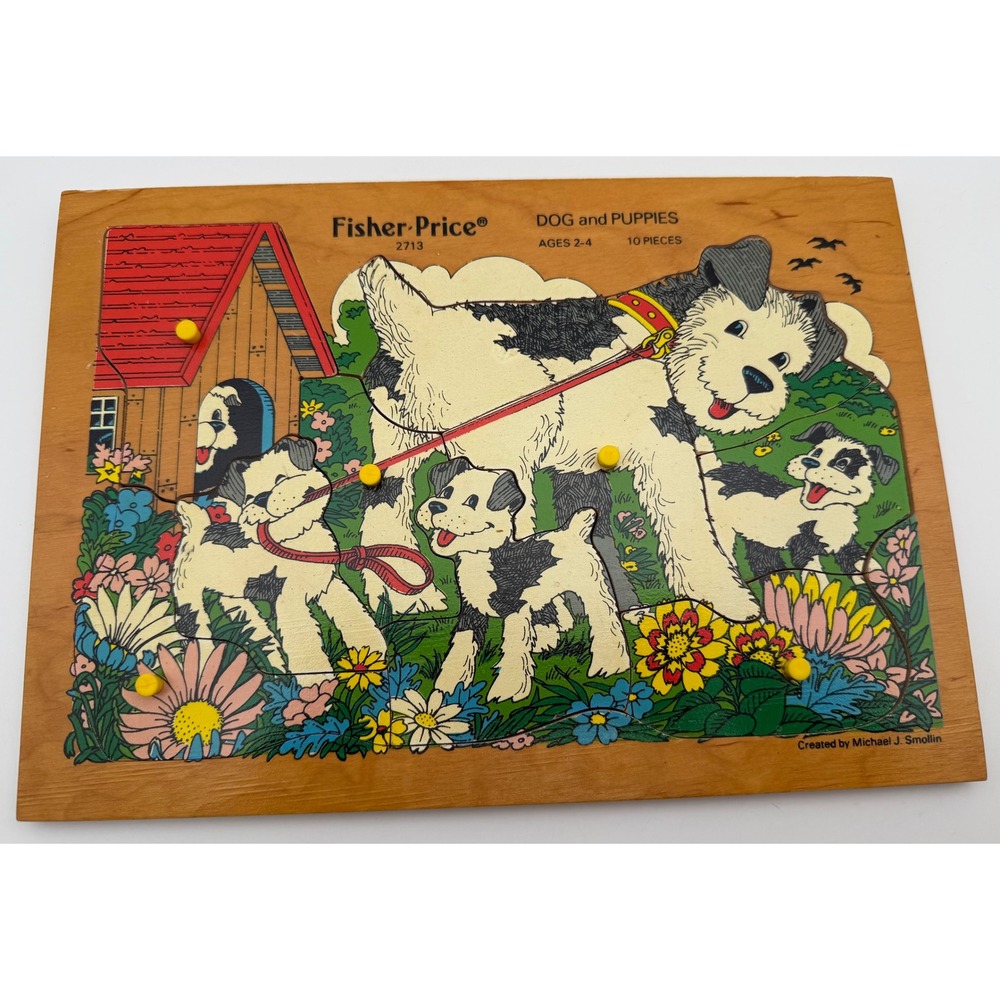 Vintage Fisher Price Dog and Puppies Wood Tray Peg Puzzle 2713 Michael Smollin